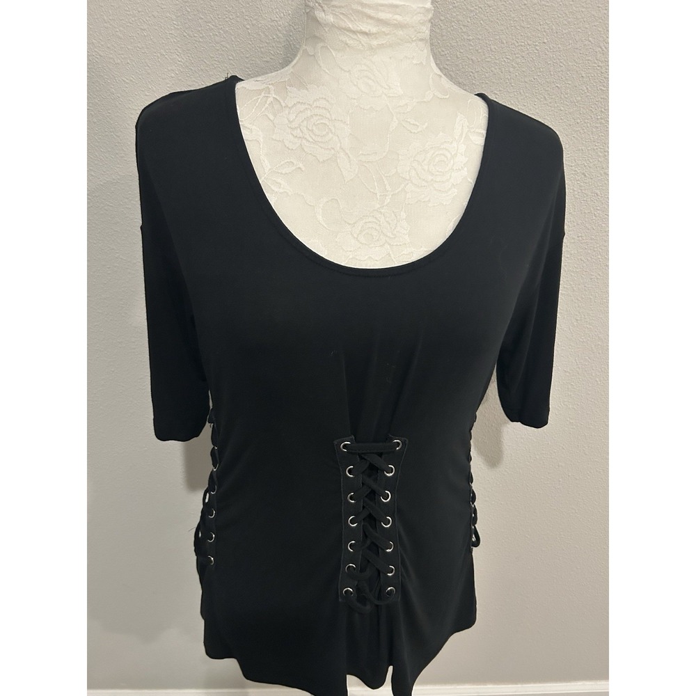 Mur Mur Black T-Shirt Lace Up Top Sz M Whimsigoth Rocker Edgy Y2K Corset Style